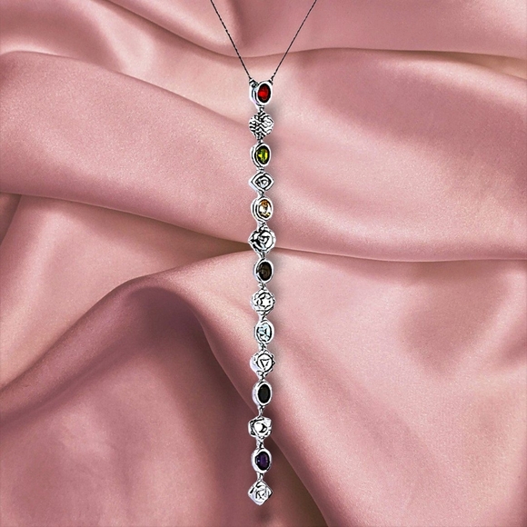 NWT MULTI-GEMSTONE CHAKRA LARIAT NECKLACE IN PLATINUM OVER STERLING SILVER - Picture 2 of 10
